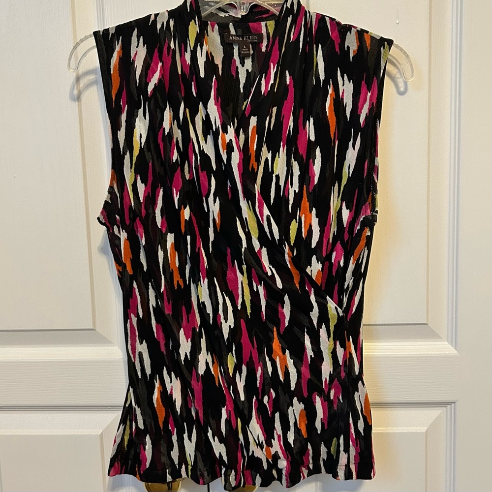 Anne Klein Sleeveless Black Abstract Print Crossfront Blouse Size L